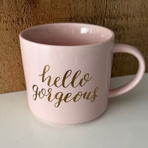 Pale Pink Porcelain Mug with “Hello Gorgeous” in Gold Text